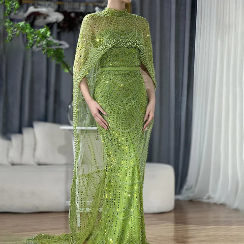 Arabia Nude Mermaid Long Cape Luxury Evening Dresses Gowns 2025 For Formal Occasion LA72032