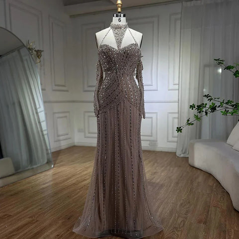 Caramel Mermaid Halter Sleeveless With Gloves Beaded Evening Gowns 2025 Elegant Party Dresses For Women LA72232