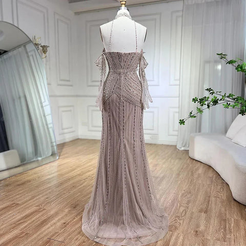 Caramel Mermaid Halter Sleeveless With Gloves Beaded Evening Gowns 2025 Elegant Party Dresses For Women LA72232