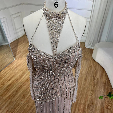 Caramel Mermaid Halter Sleeveless With Gloves Beaded Evening Gowns 2025 Elegant Party Dresses For Women LA72232