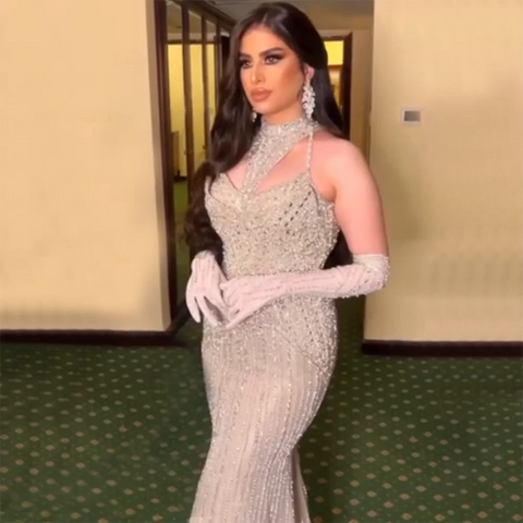 Caramel Mermaid Halter Sleeveless With Gloves Beaded Evening Gowns 2025 Elegant Party Dresses For Women LA72232