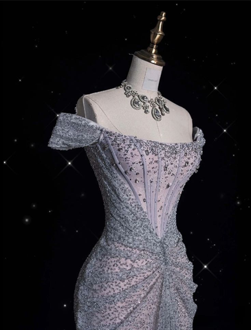 Robe de soirée longue sirène en tulle lilas pailleté et perles, épaules dénudées, Y8054