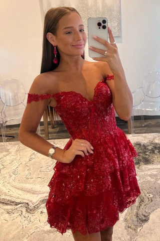 Vestido rojo de fiesta con hombros descubiertos, corsé transparente y volantes escalonados Y2822