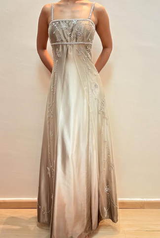 Vestido de fiesta de noche de corte línea A con tirantes finos, satén, tul y cuentas Y8139