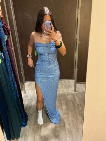 Vestido de noche azul de lentejuelas, corte recto/columna, sexy, modelo Y446