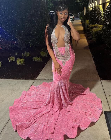 Robe de soirée sirène rose à sequins et perles, modèle Y8016