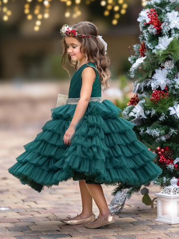Enchanting Dark Green Tulle Ruffled Dress with Gold Bow