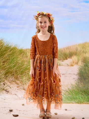 Burnt Orange Lace Tulle Embroidered Ankle Length Flower Girl Dress