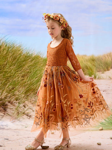 Burnt Orange Lace Tulle Embroidered Ankle Length Flower Girl Dress