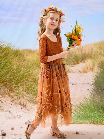 Burnt Orange Lace Tulle Embroidered Ankle Length Flower Girl Dress