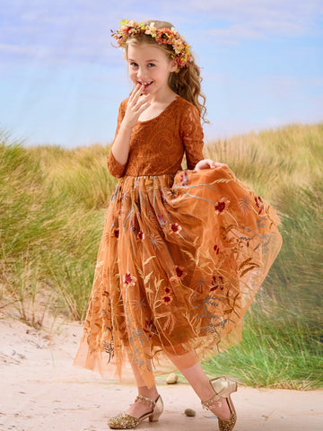 Burnt Orange Lace Tulle Embroidered Ankle Length Flower Girl Dress