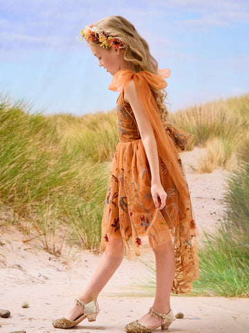 Burnt Orange Lace Tulle Embroidered Toddler Knee Length Flower Girl Dress