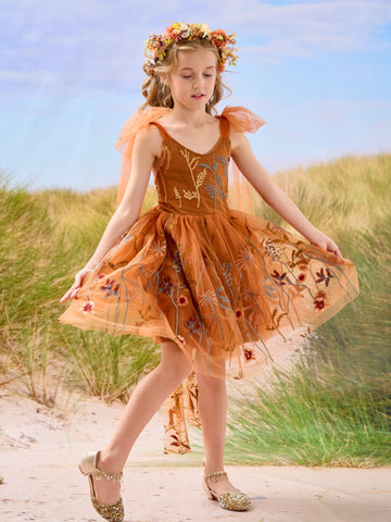 Burnt Orange Lace Tulle Embroidered Toddler Knee Length Flower Girl Dress