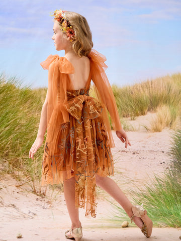 Burnt Orange Lace Tulle Embroidered Toddler Knee Length Flower Girl Dress