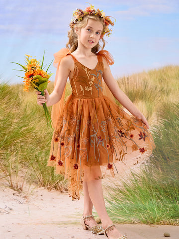 Burnt Orange Lace Tulle Embroidered Toddler Knee Length Flower Girl Dress