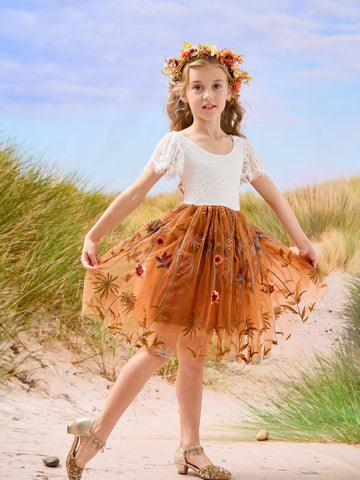Burnt Orange White Lace Tulle Embroidered Knee Length Flower Girl Dress