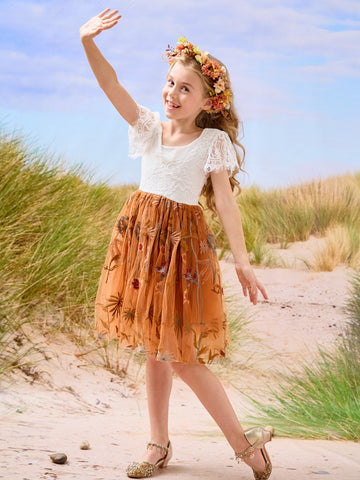 Burnt Orange White Lace Tulle Embroidered Knee Length Flower Girl Dress