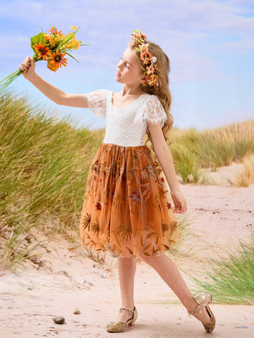 Burnt Orange White Lace Tulle Embroidered Knee Length Flower Girl Dress