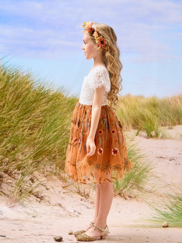 Burnt Orange White Lace Tulle Embroidered Knee Length Flower Girl Dress