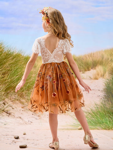 Burnt Orange White Lace Tulle Embroidered Knee Length Flower Girl Dress