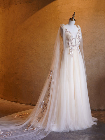 Vestidos de graduación largos hasta el suelo con escote en V profundo, bordado de tul y corte en A