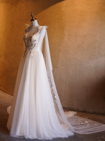 Vestidos de graduación largos hasta el suelo con escote en V profundo, bordado de tul y corte en A