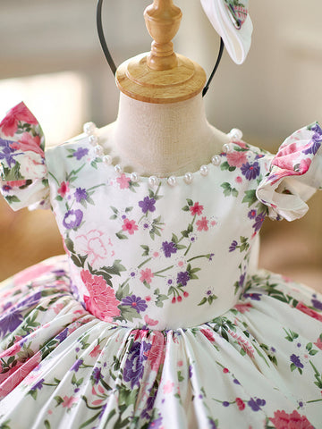 Floral  Puff Sleeves  Knee-length Baby Girl Dress