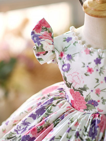 Floral  Puff Sleeves  Knee-length Baby Girl Dress