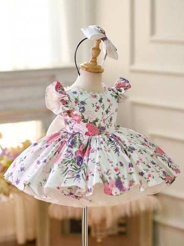Floral  Puff Sleeves  Knee-length Baby Girl Dress
