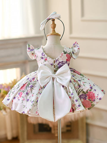 Floral  Puff Sleeves  Knee-length Baby Girl Dress