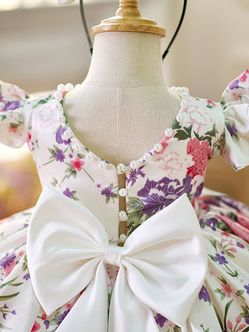 Floral  Puff Sleeves  Knee-length Baby Girl Dress