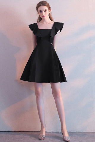 Elegantes vestidos cortos de fiesta color burdeos sin mangas con escote cuadrado 