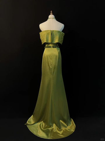 Elegante vestido de fiesta de satén verde oliva con hombros descubiertos y abertura, estilo sirena, modelo Y8650