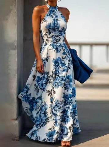 Vestido de noche azul de satén con estampado floral, sin mangas, cuello halter y corte en A (modelo Y8480).