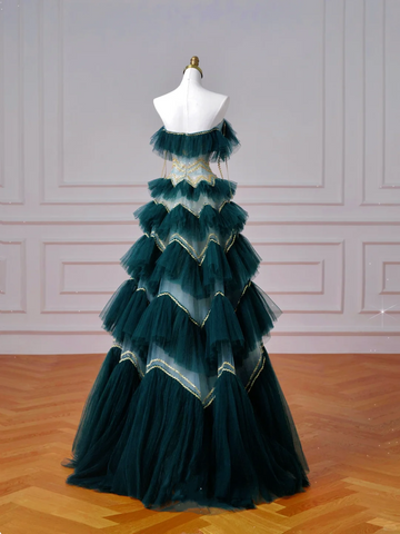 Robe de bal vintage vert foncé en tulle à sequins superposés, coupe trapèze, sans bretelles, Y8606