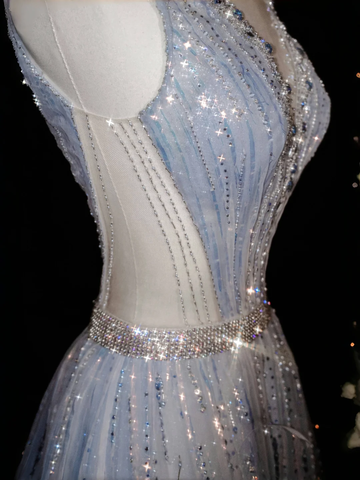 Robe de bal glamour en tulle à col en V, ornée de perles et de plumes, coupe trapèze, référence Y8682