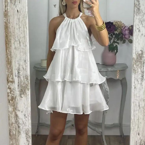 Vestido de fiesta corto de organza azul sencillo con cuello halter y capas, modelo Y8089