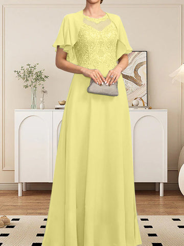A-line Scoop Illusion Floor-Length Lace Chiffon Mother of the Bride Dress With Sequins