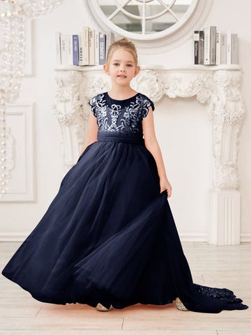 A-line Lace Tulle Sweep Train Pink Flower Girl Dress