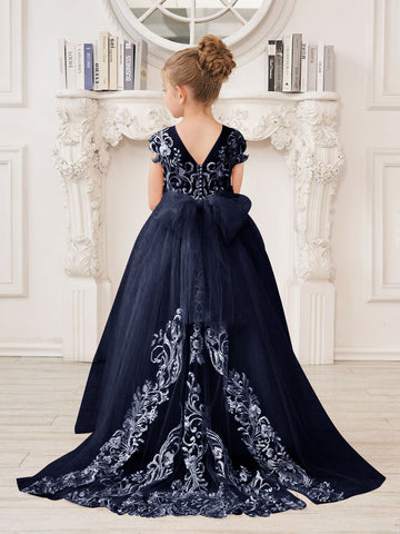 A-line Lace Tulle Sweep Train Pink Flower Girl Dress