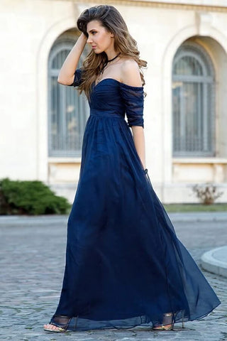 Dark Navy Tulle Half Sleeves Off-the-shoulder Bridesmaid Dresses