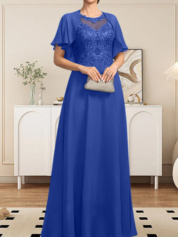 A-line Scoop Illusion Floor-Length Lace Chiffon Mother of the Bride Dress With Sequins
