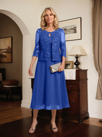 A-line Scoop Tea-Length Lace Chiffon Mother of the Bride Dress With Sequins