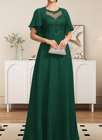 A-line Scoop Illusion Floor-Length Lace Chiffon Mother of the Bride Dress With Sequins