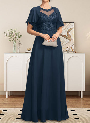 A-line Scoop Illusion Floor-Length Lace Chiffon Mother of the Bride Dress With Sequins