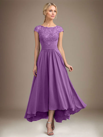 A-line Scoop Illusion Asymmetrical Lace Chiffon Mother of the Bride Dress With Pleated