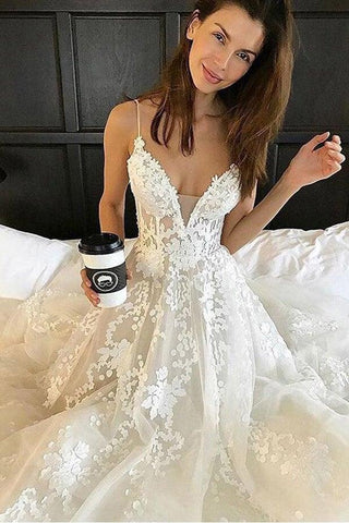 Deep V Neck Spaghetti Straps Beach Wedding Dress Bridal Gown  WD556