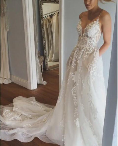 Deep V Neck Spaghetti Straps Beach Wedding Dress Bridal Gown  WD556