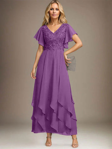 A-line V-Neck Ankle-Length Lace Chiffon Mother of the Bride Dress With Cascading Ruffles
