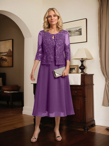 A-line Scoop Tea-Length Lace Chiffon Mother of the Bride Dress With Sequins